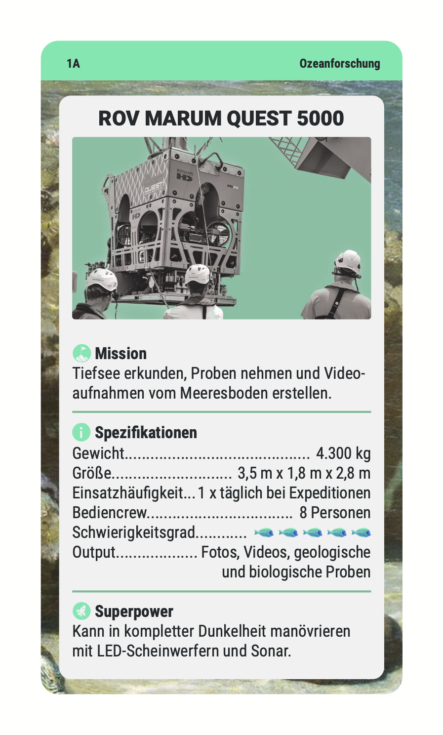 Vorderseite Quartett-Kartenvorlage mit Tauchroboter ROV Marum Quest 5000 mit den Kategorie Mission, Spezifikationen & Superpower