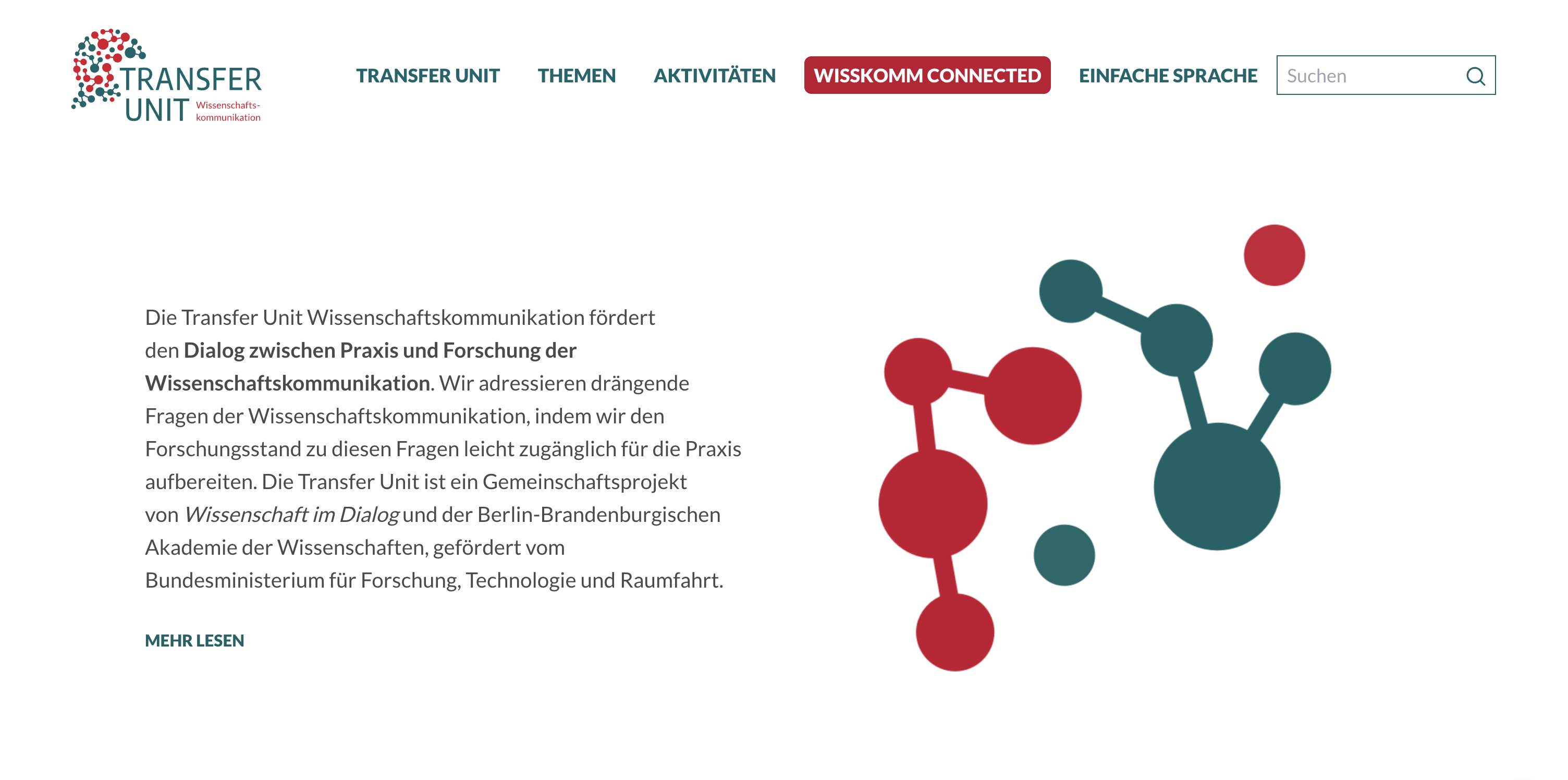 Transfer Unit Homepage Homepage screenshot of the Transfer Unit Wissenschaftskommunikation website featuring a clean layout, intuitive navigation, and structured access to science communication research content.
